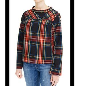 J. Crew Holiday Plaid  Blouse Jewel Button Long Sleeve Top Women 4 Christmas